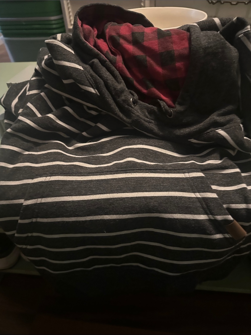 Maurices Black & White Striped Hoodie with Red Plaid Lining
